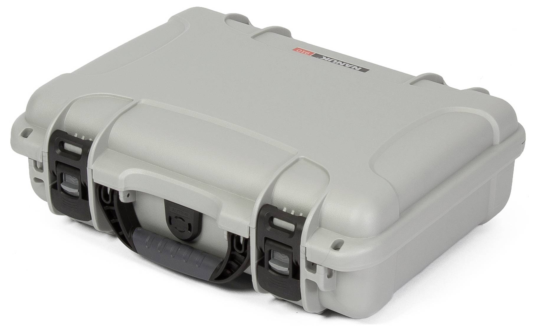 Grey, robust hard-shell case with snap locks and a handle, likely designed for the secure transportation of delicate items.