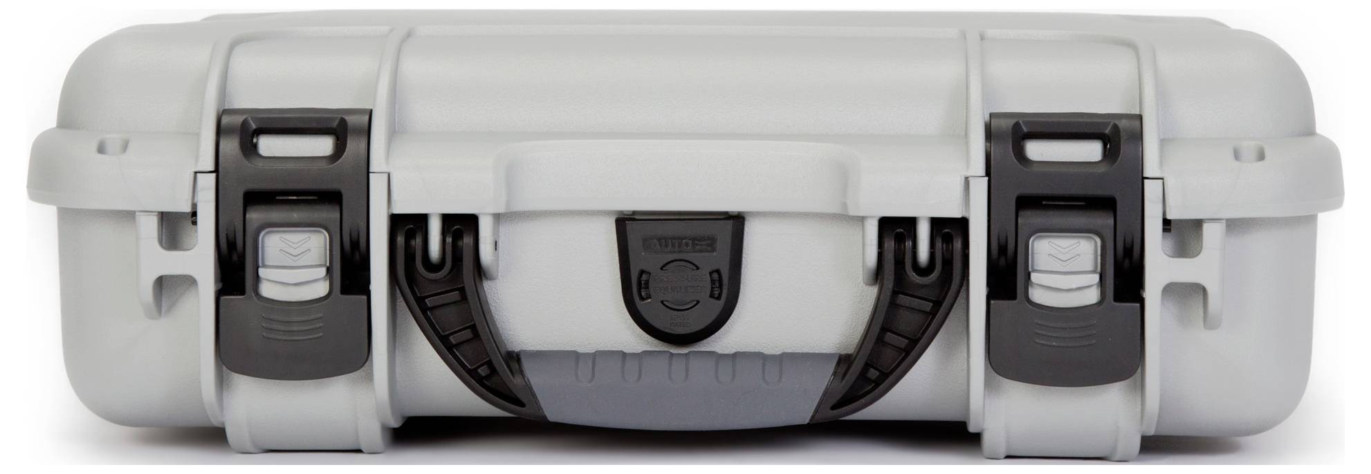 Grey, robust hard-shell suitcase with black clasps and a medium handle. Suitable for secure transportation of delicate items.