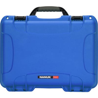 Blue, robust transport case with black handle and red shield '910'. Suitable for secure transportation of delicate items.