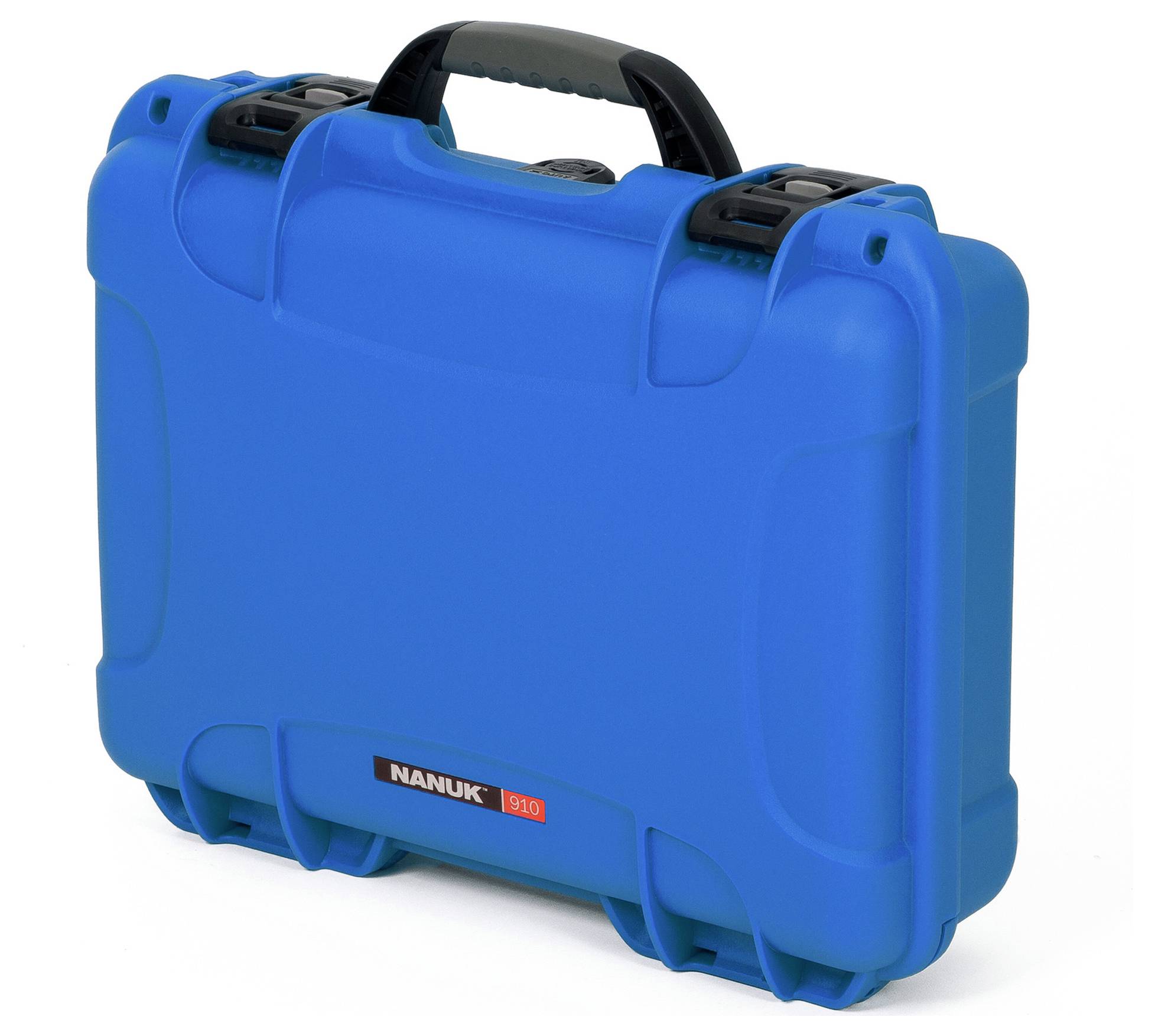 Blue, robust hard-shell suitcase with black handles and locks. The inscription 'NANUK 910' is visible at the front.