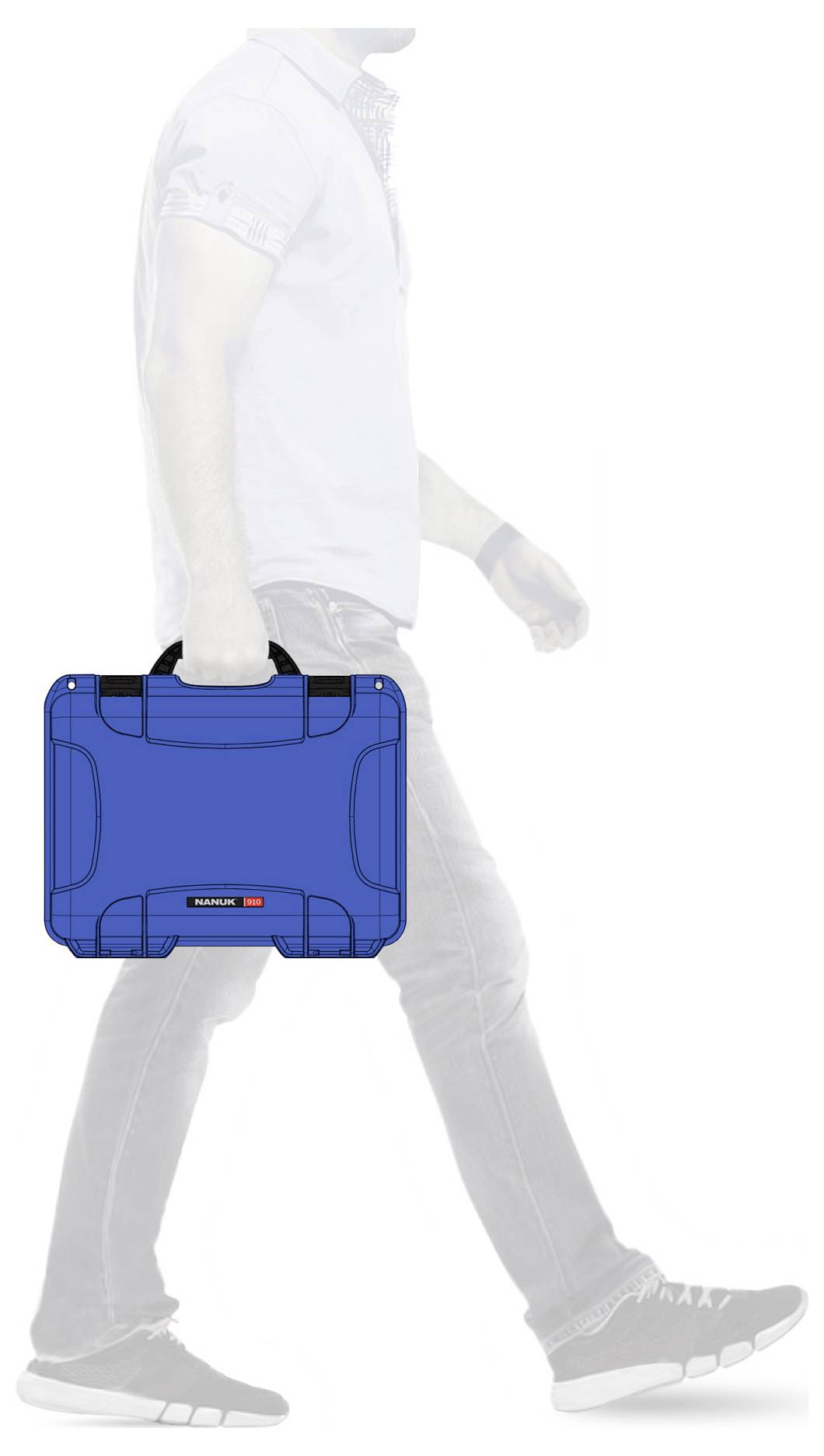 A man in casual clothing is carrying a blue briefcase. The focus is on the briefcase.