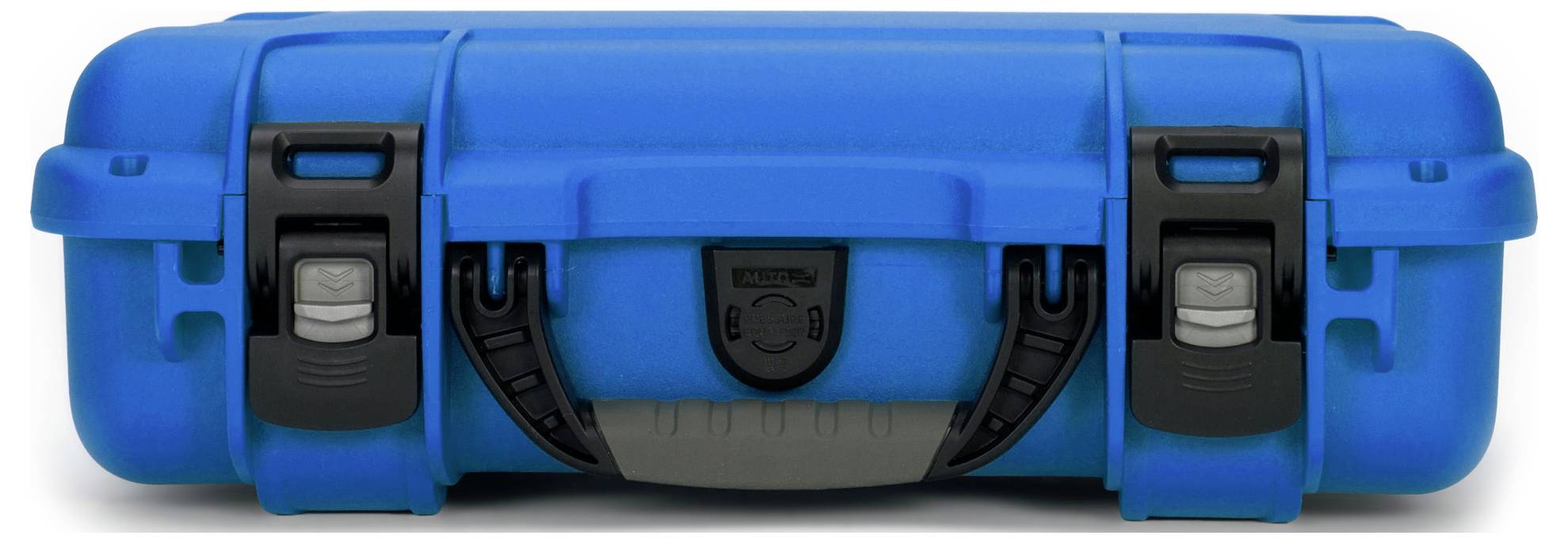 Blue, robust transport case with two black clasps and front carrying handle, suitable for securely transporting valuable items.