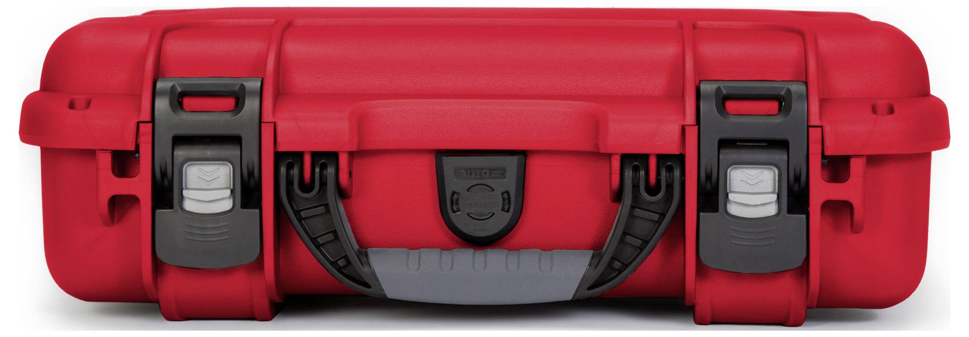 Red, waterproof protective case with two black locks and grey handle. Ideal for the secure transportation of delicate items.