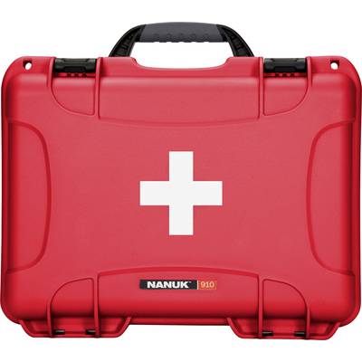 Red first aid box with white cross on the lid. Brand name 'NANUK 910' visible at the bottom.