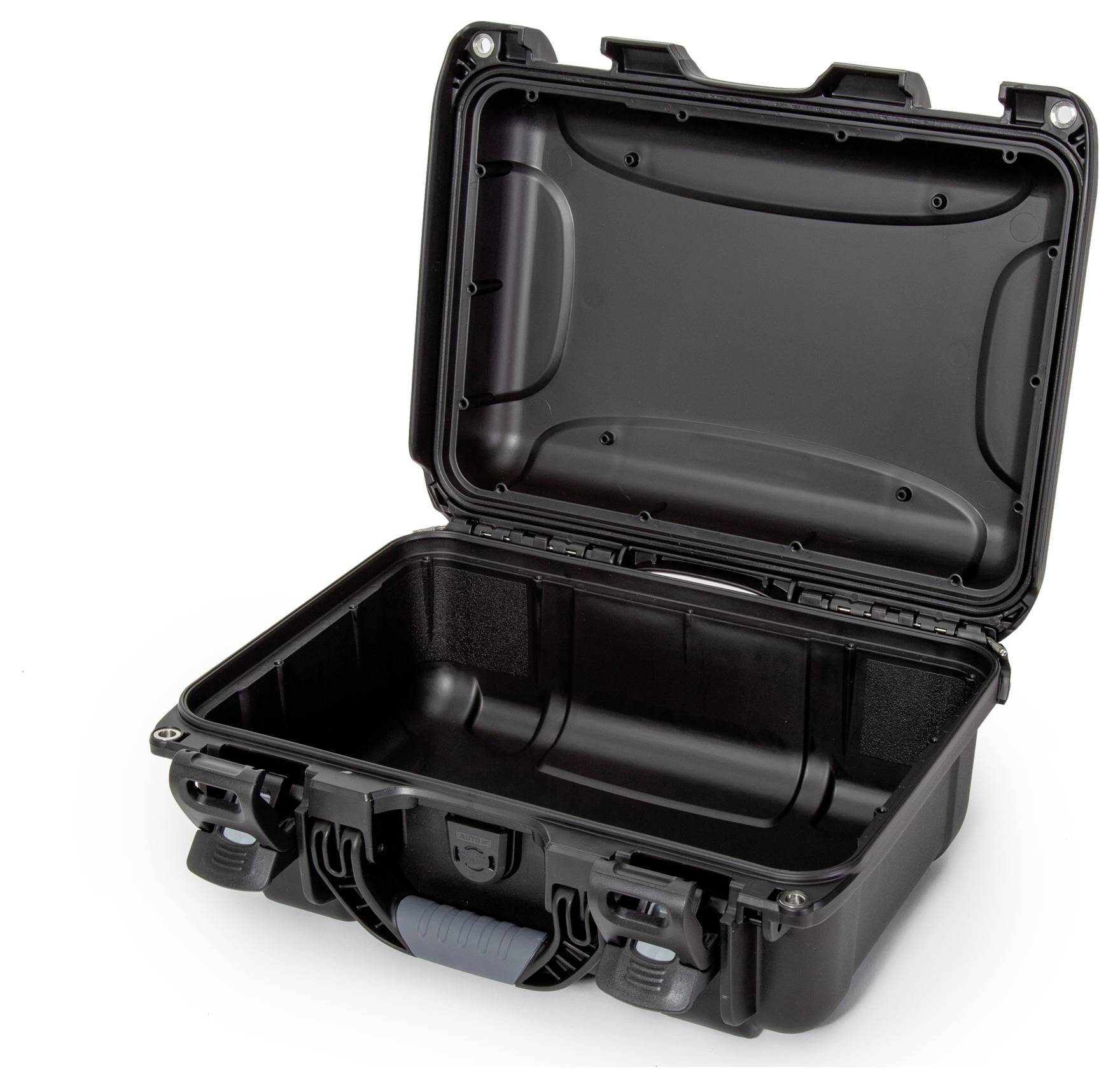 An open, empty, black hard-shell case with protective inner material, suitable for safely transporting delicate equipment.