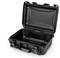 An open, empty, black hard-shell case with protective inner material, suitable for safely transporting delicate equipment.