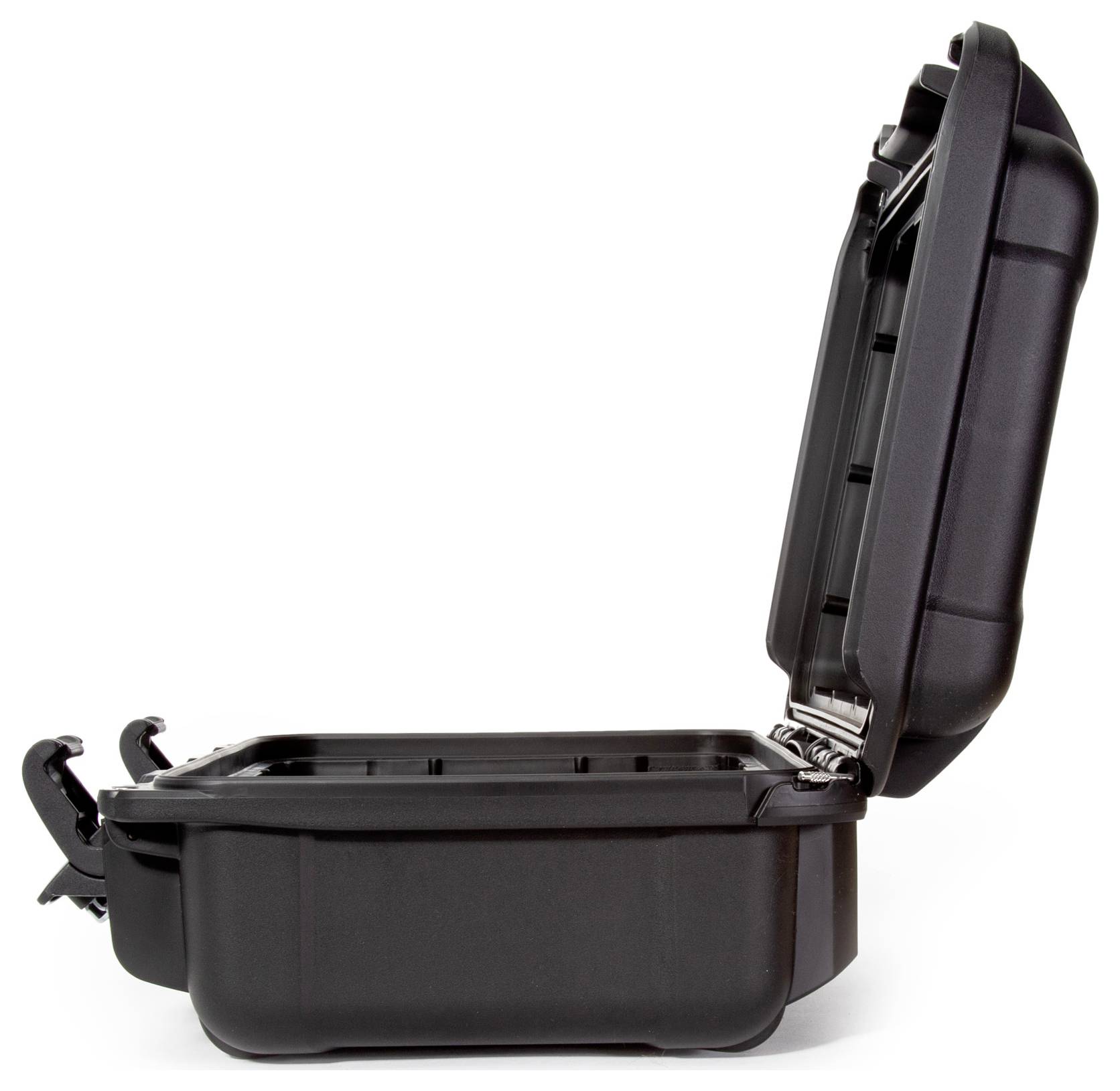 A black, open suitcase made of durable material. The suitcase displays a robust design, ideal for protecting its contents.