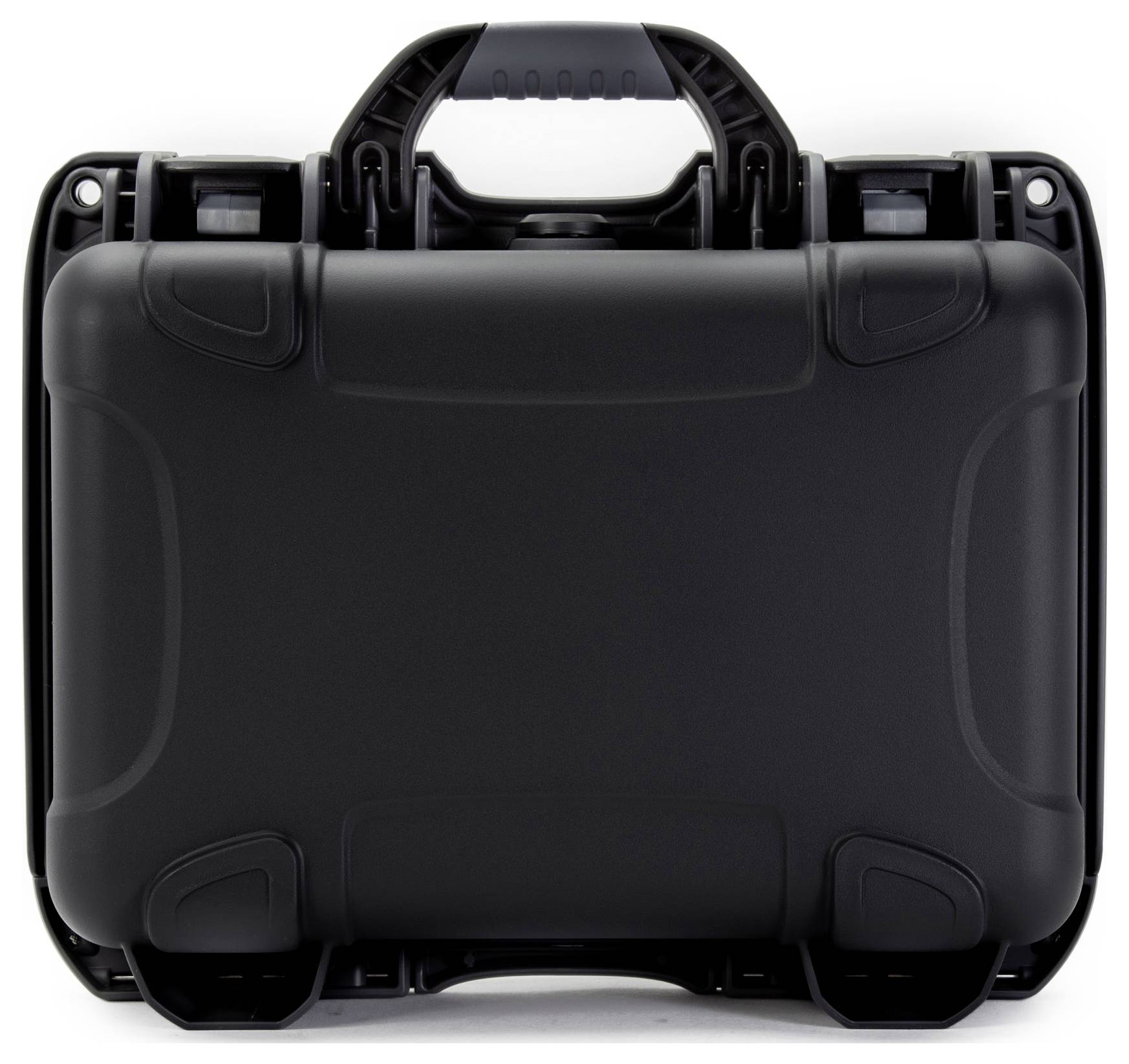 A black, lockable hard-shell case with a handle on top. Ideal for securely transporting and protecting valuable items.