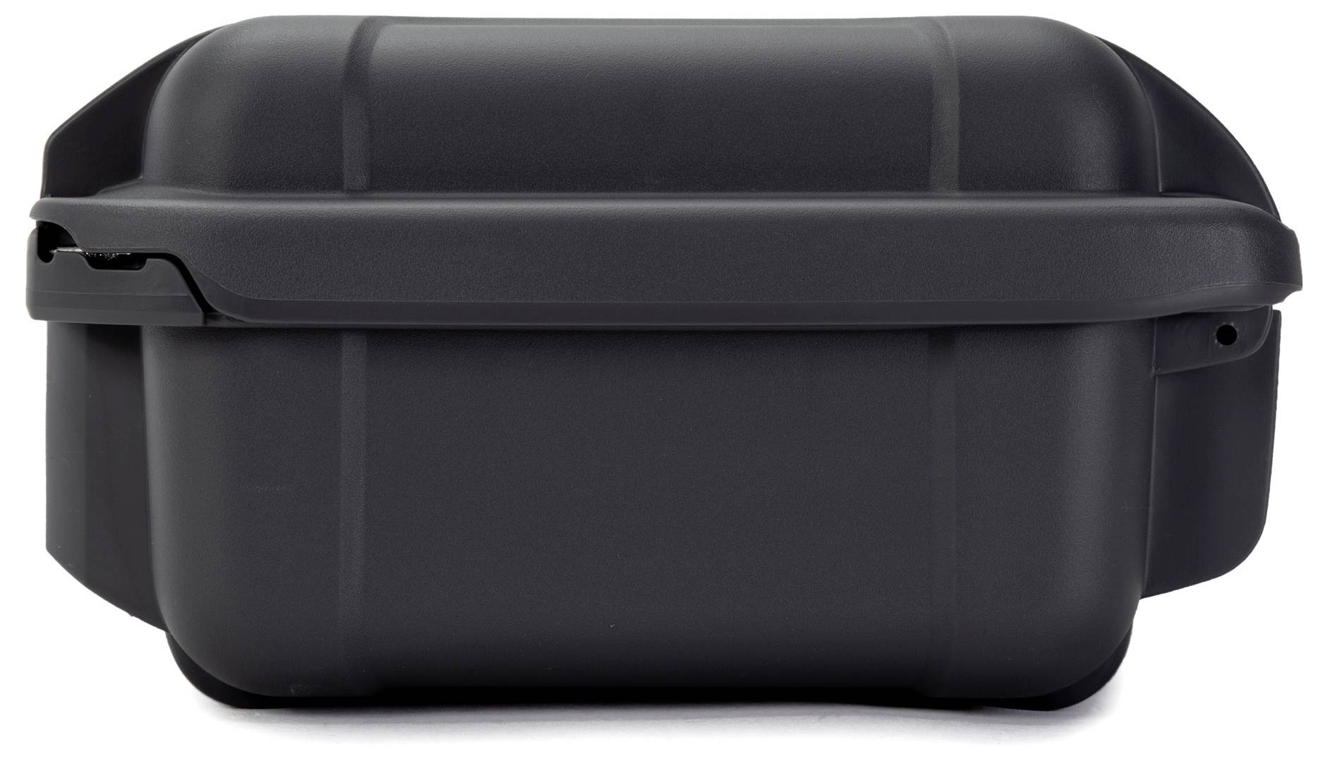 Robust black plastic box with a hinged lid. Suitable for secure storage or transporting items.