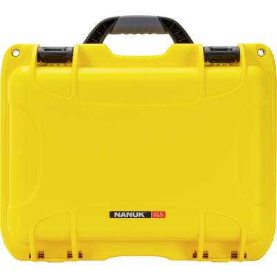Yellow, robust suitcase with black handle, labelled 'Nanuk 915'.
