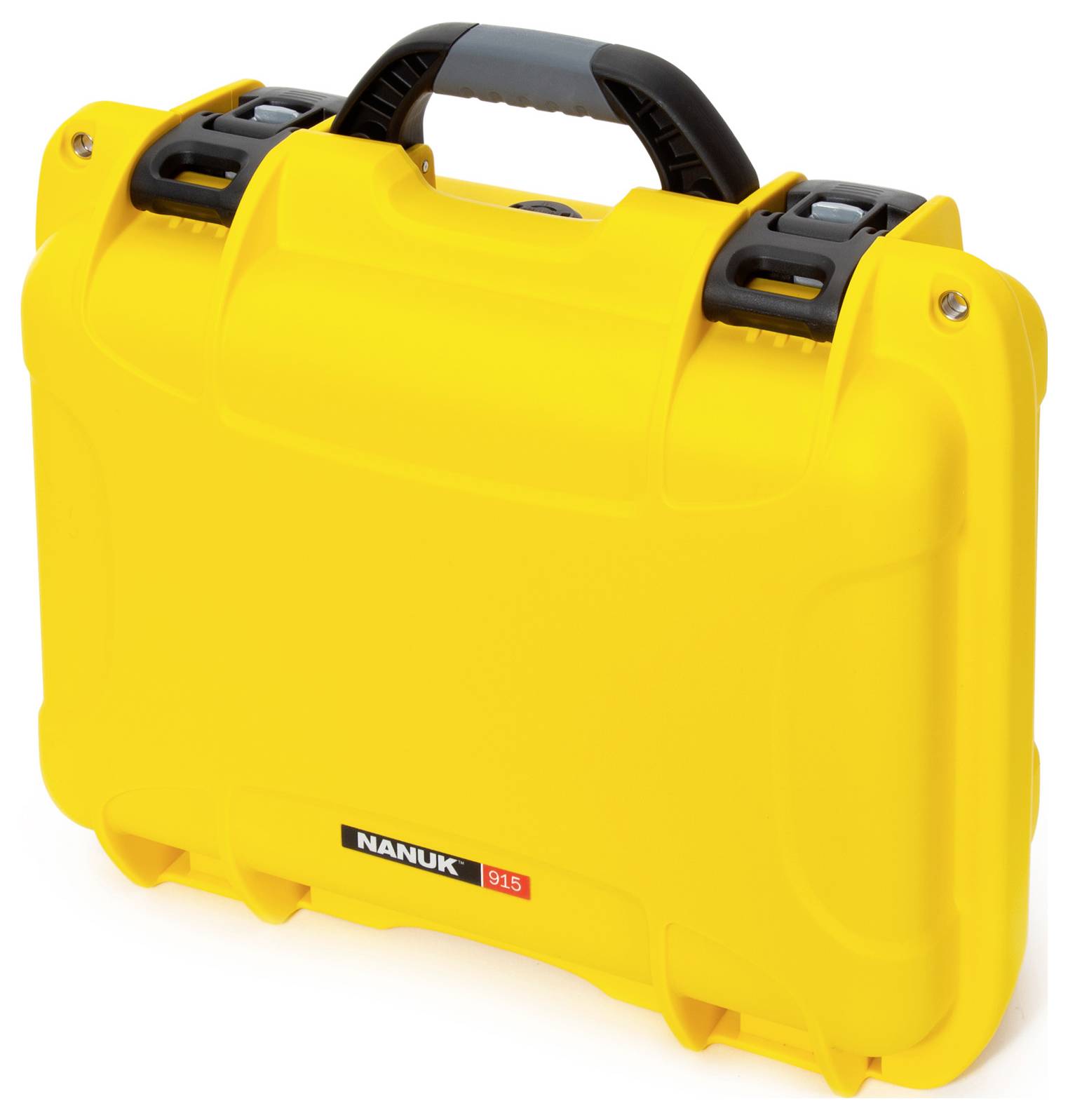 A yellow, robust suitcase with a black handle and fastening. The suitcase is marked with the inscription 'Nanuk 915'.