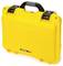 A yellow, robust suitcase with a black handle and fastening. The suitcase is marked with the inscription 'Nanuk 915'.