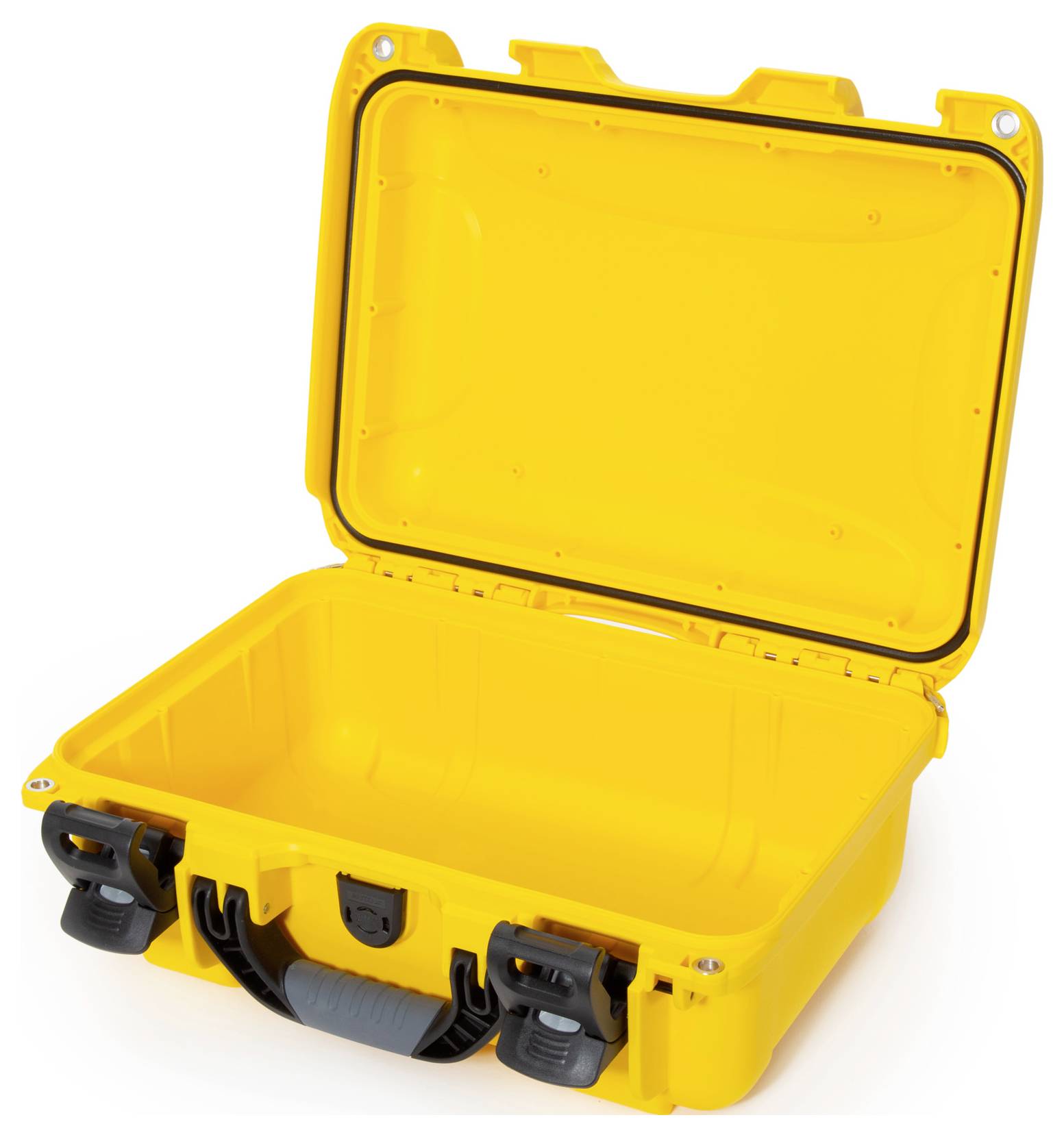 Yellow, open, empty protective case with a black handle and latches, suitable for the secure transportation of delicate items.