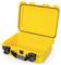 Yellow, open, empty protective case with a black handle and latches, suitable for the secure transportation of delicate items.