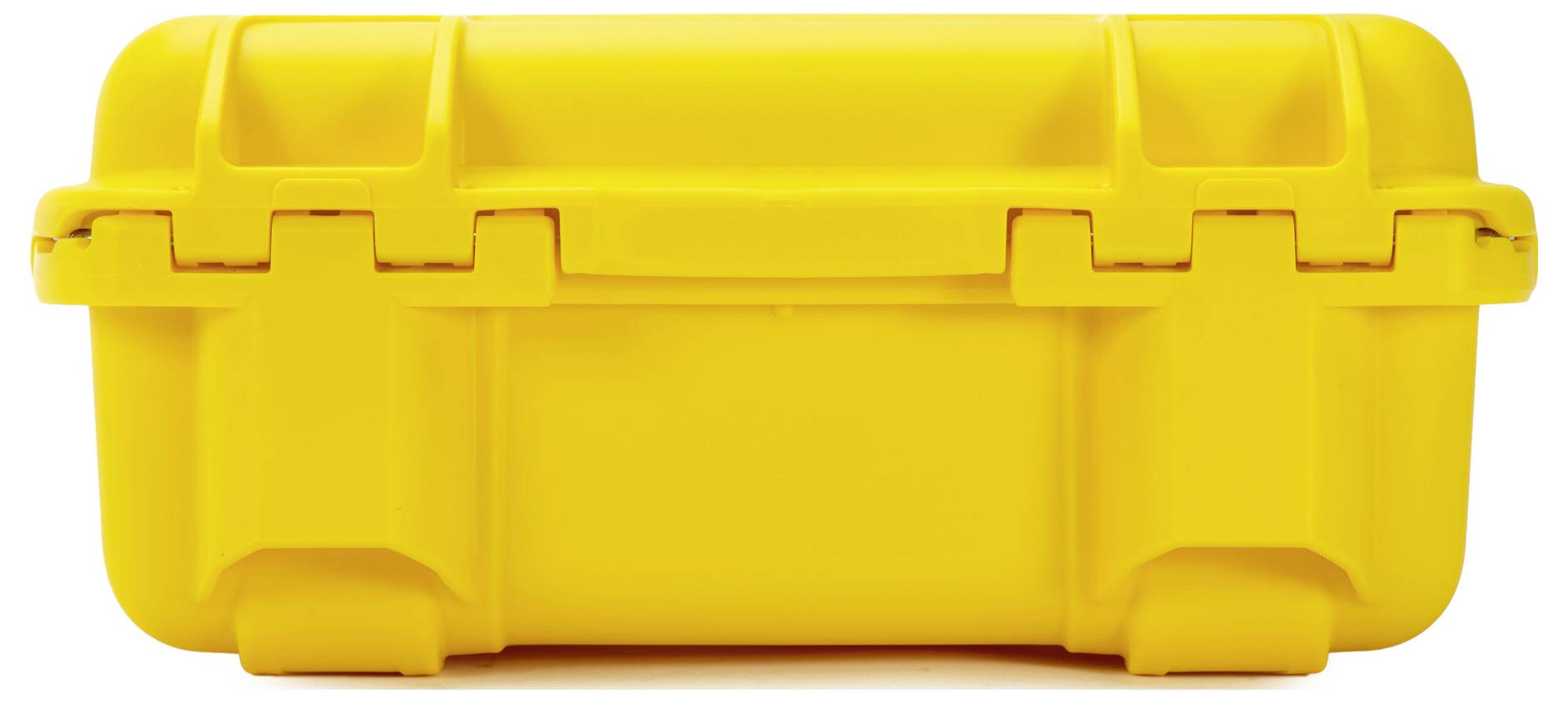 Yellow, robust suitcase, closed, with a sturdy lid and side fastenings.
