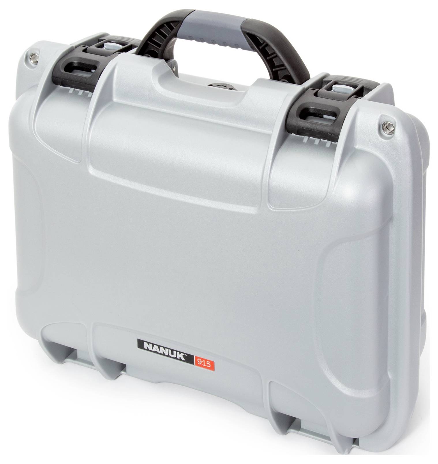 A sturdy, grey Nanuk case, Model 915, with a robust handle and two locks, suitable for secure transportation.