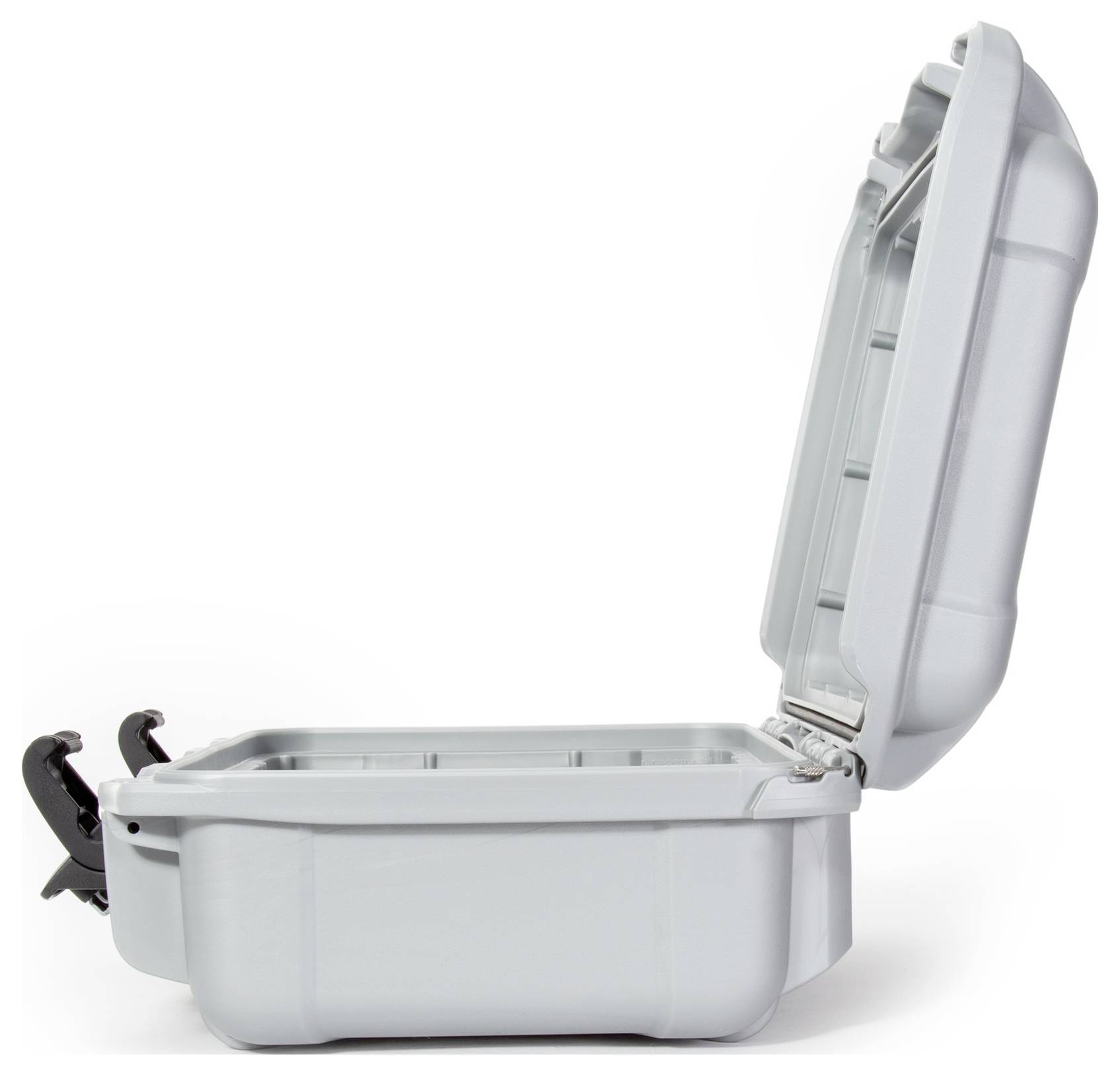 Grey, open hard-shell case with lid folded open, side view; ideal for transporting delicate items.