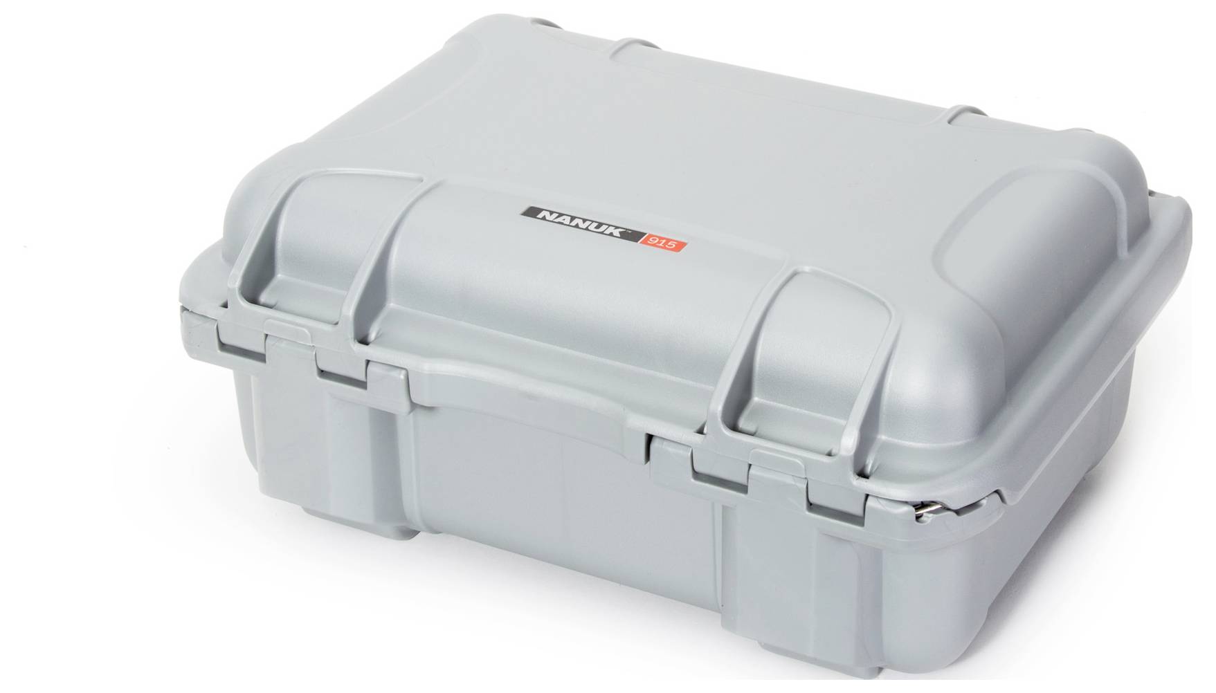 Silver-coloured, robust, waterproof plastic case with reinforced corners, suitable for secure transportation.