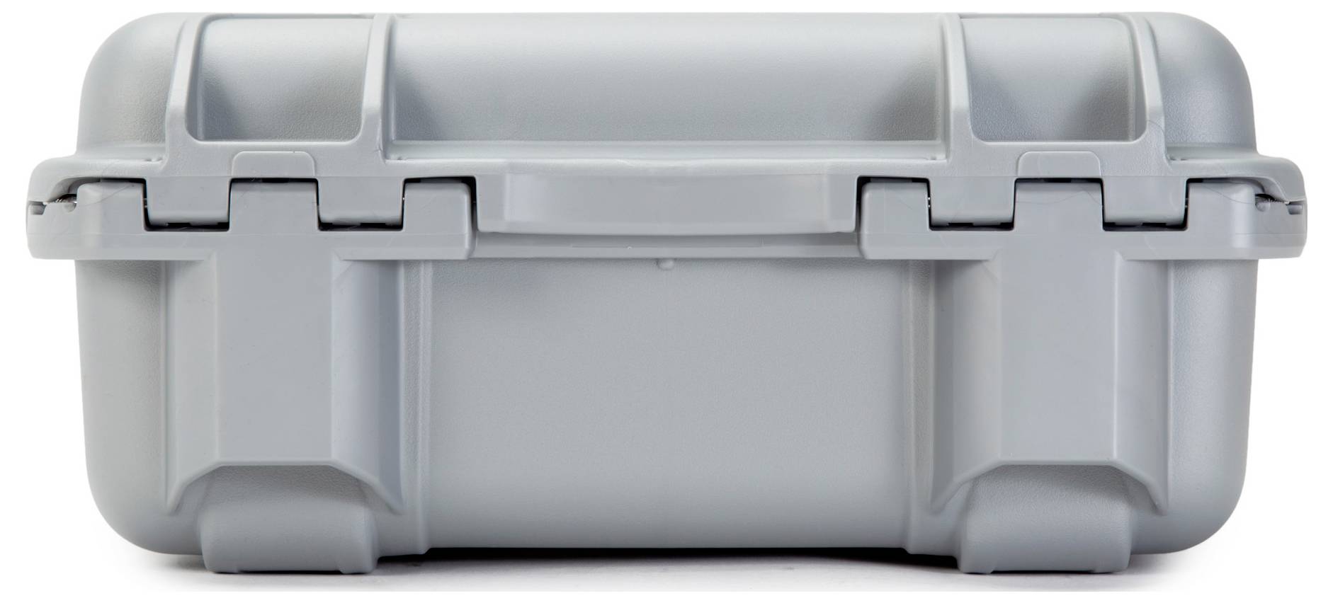 Grey, robust plastic case with snap locks. Suitable for transporting delicate equipment.