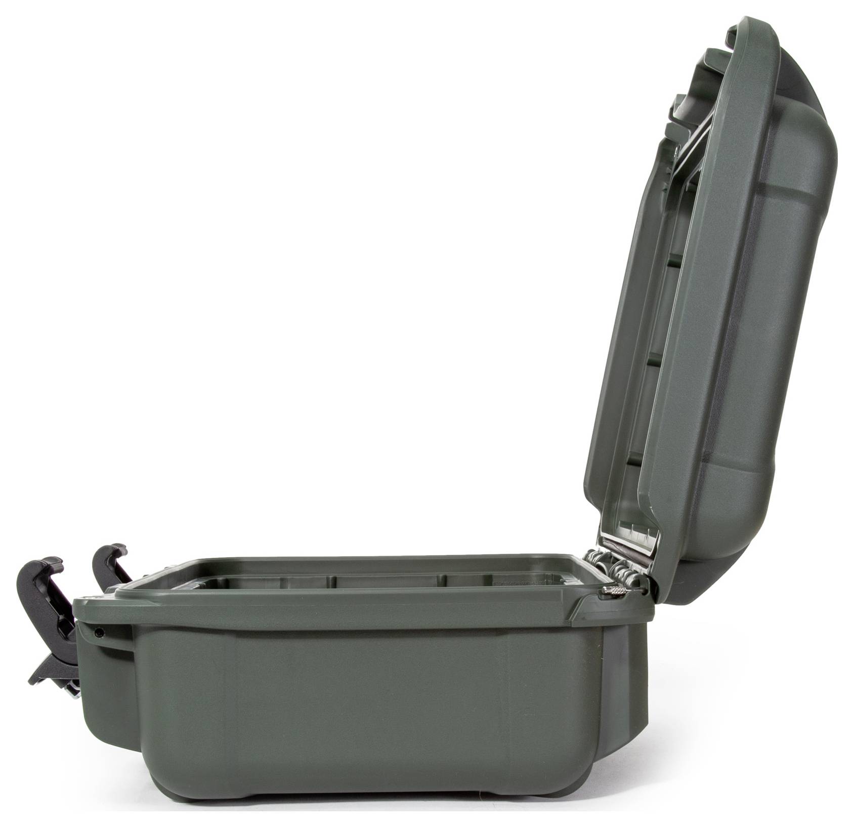 A green, open protective case made of plastic with a robust lock. Suitable for the secure transportation of delicate items.