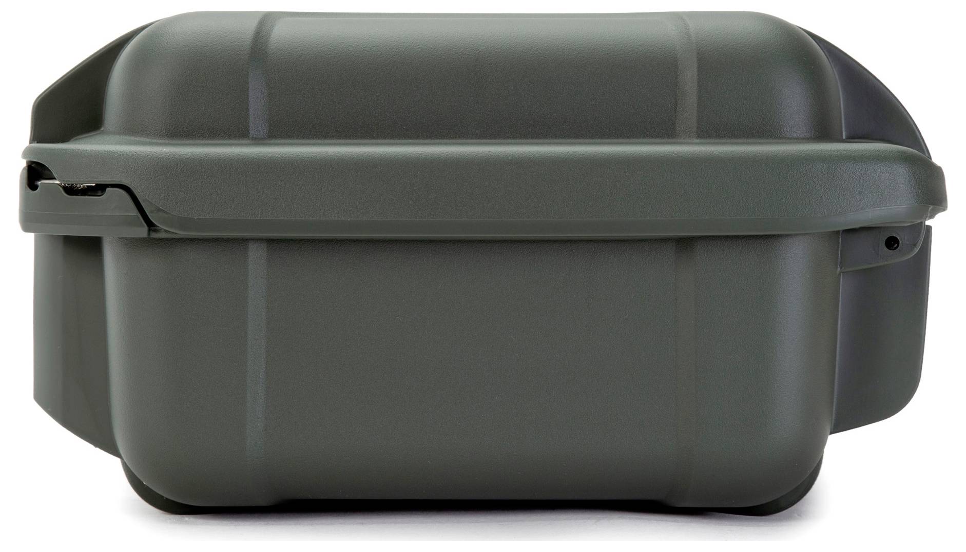A rectangular, dark green, sturdy plastic container with a handle. Hinged lid on the top.