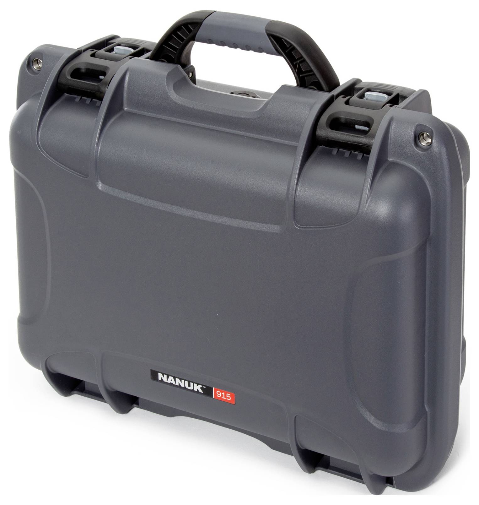 'Nanuk 915 protective case made from robust, grey plastic with a black handle and sturdy locks, ideal for secure transportation.'