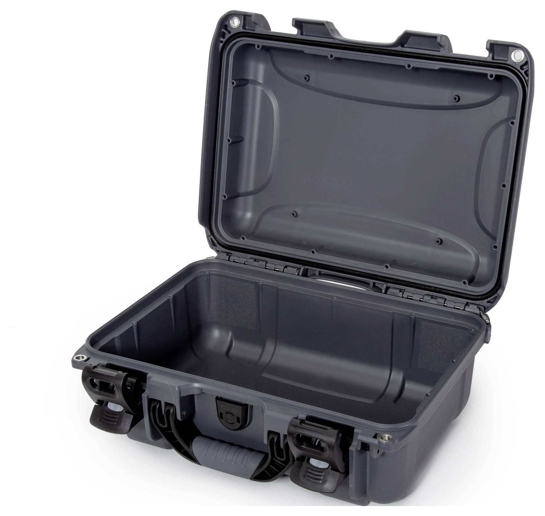 An empty, opened hard-shell suitcase with a robust design, suitable for the secure transportation of delicate items.