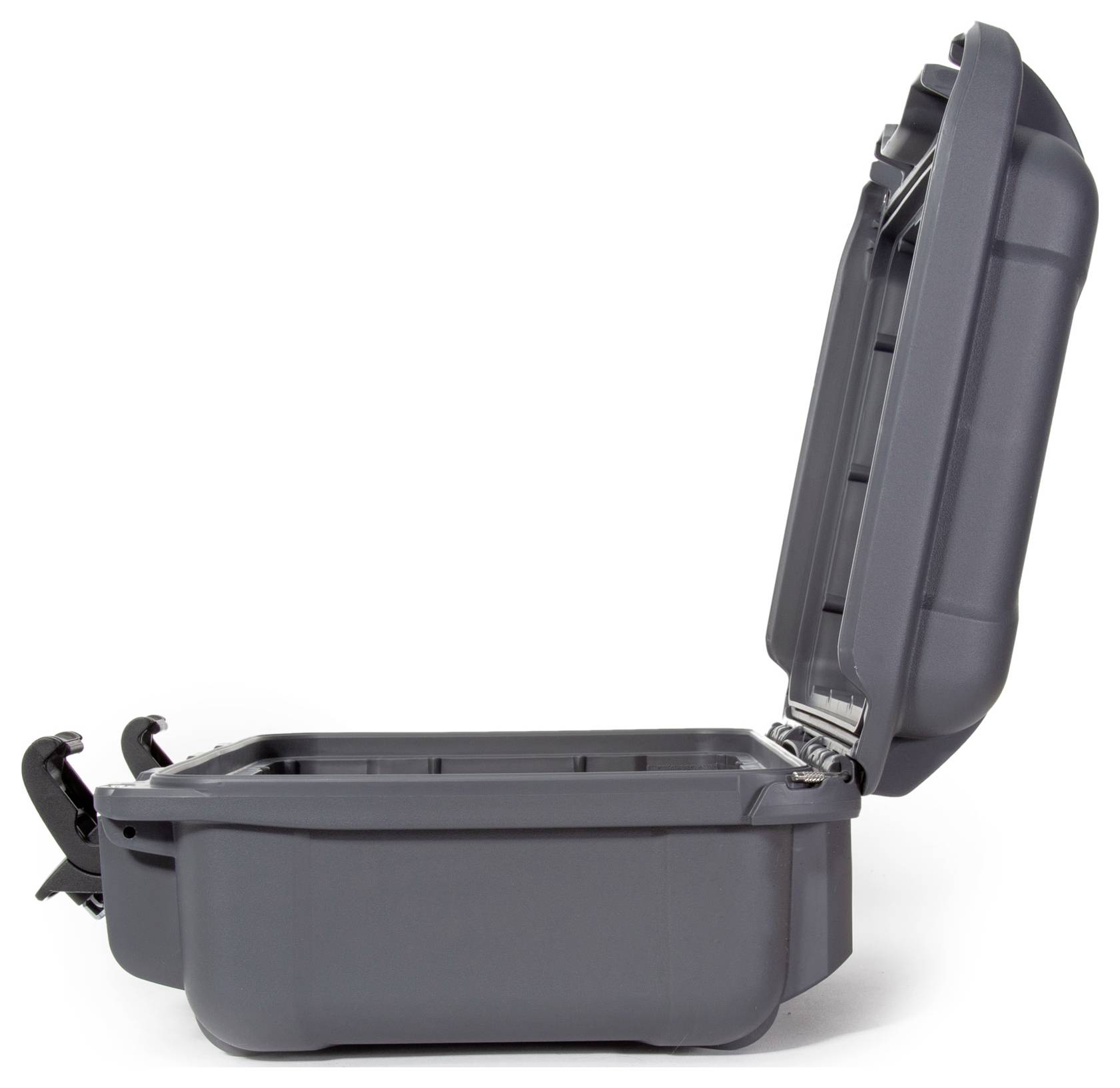 A robust black plastic case, opened, for the secure storage of items.