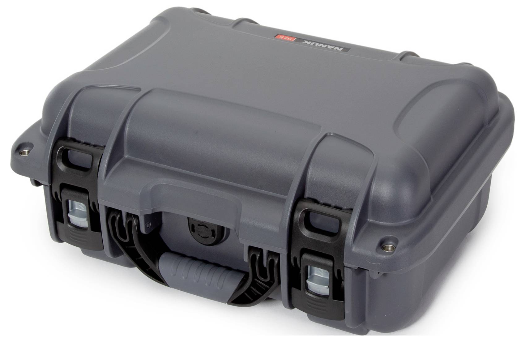 Dark hard-shell suitcase with robust locks and carry handle, suitable for secure transportation of delicate items.