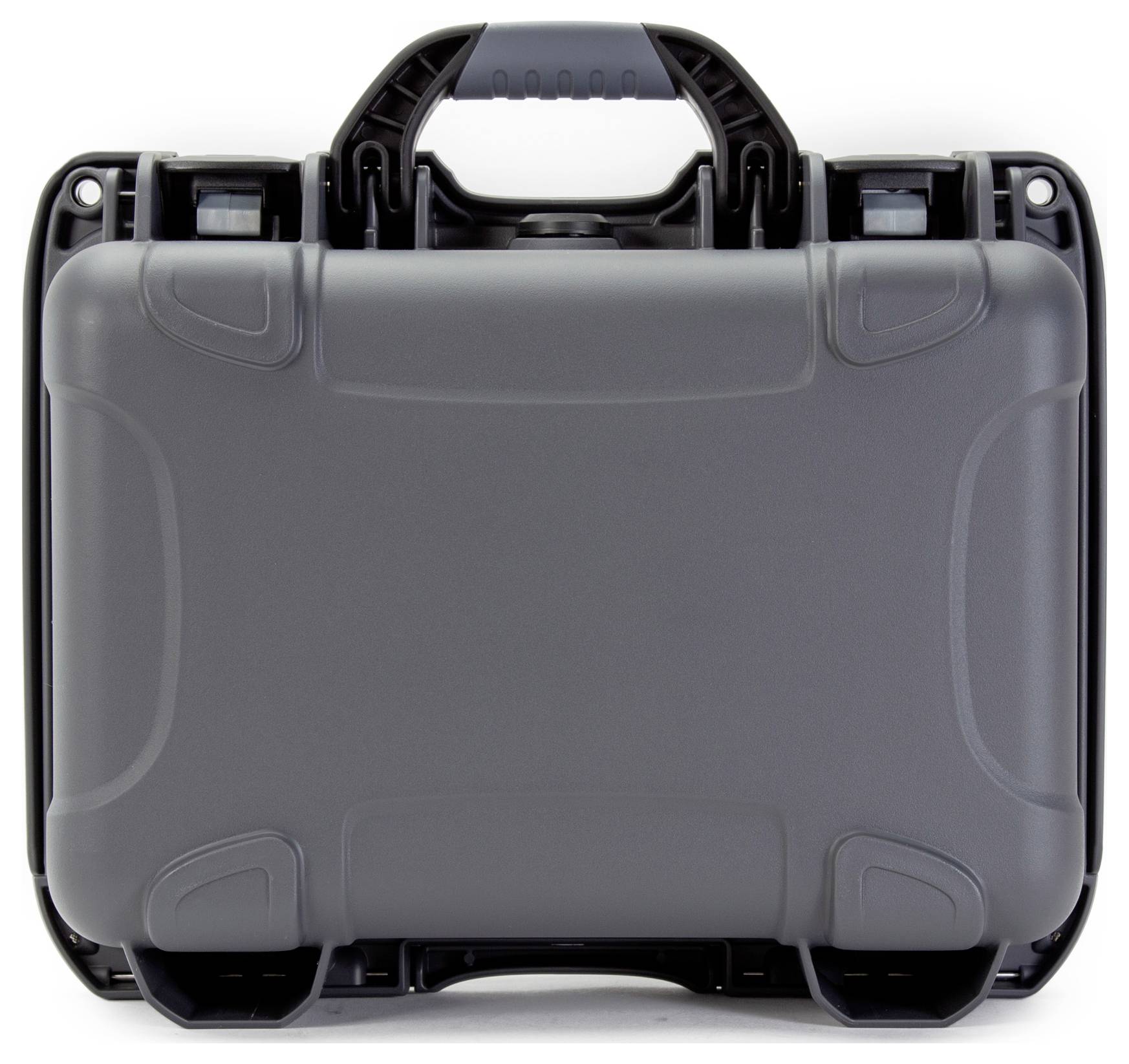 Grey hard-shell suitcase with black handle, suitable for safely transporting delicate items.