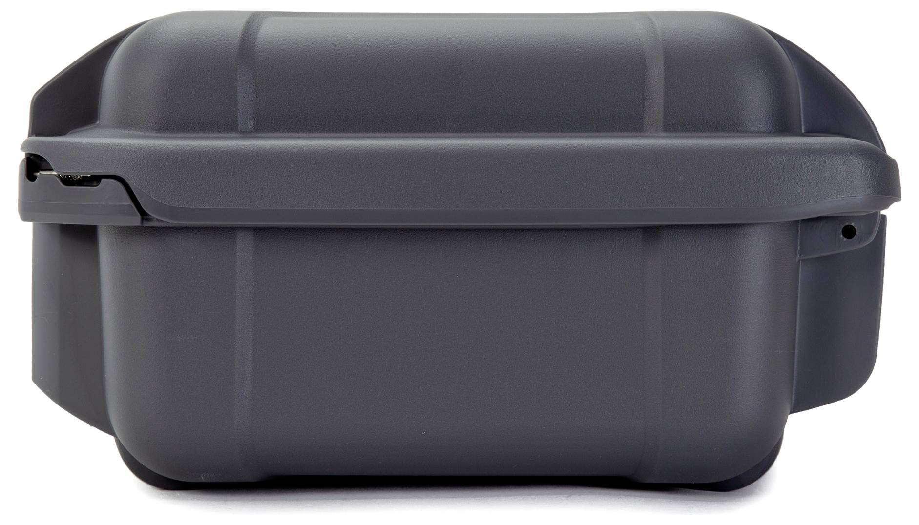 Grey, rectangular, closed plastic container with a firmly attached lid and side-locking mechanism.