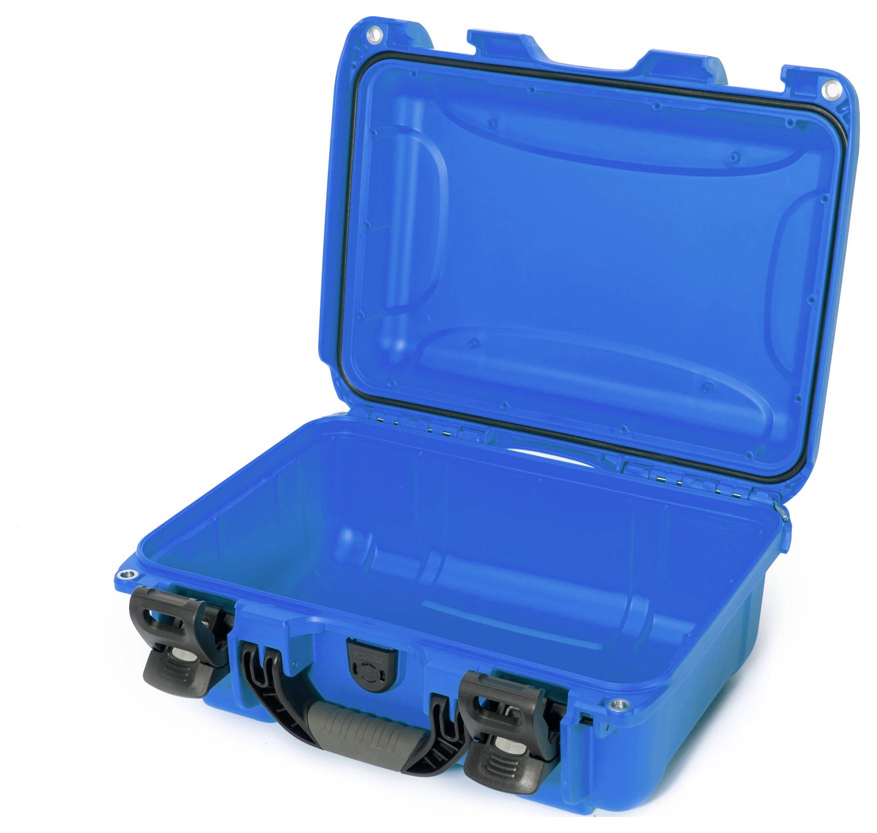 An empty, blue hard-shell suitcase with an open lid and two black locks, on a white background.