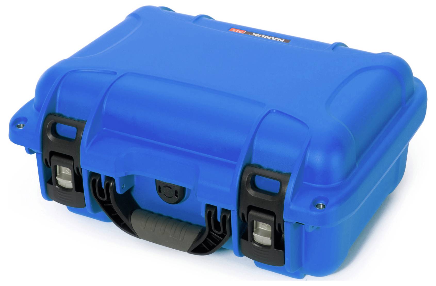 Blue, robust suitcase with a black handle and fastenings, suitable for the secure transportation of delicate items.