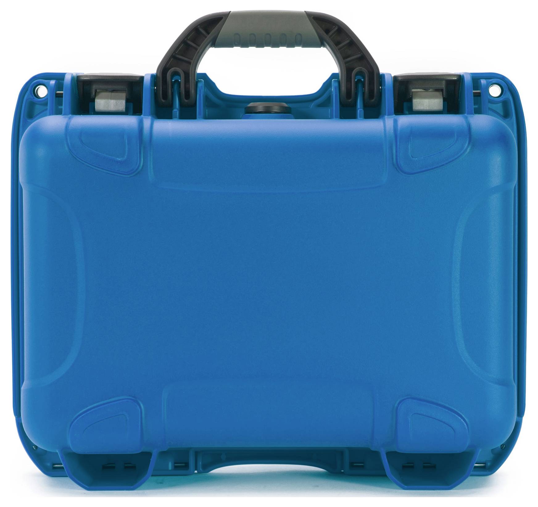 A blue, robust suitcase with a black handle. It has rounded corners and appears sturdy, suitable for secure transportation.