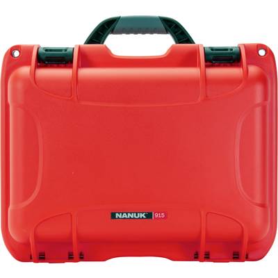 Red, robust suitcase with a black handle by the brand 'Nanuk 915', suitable for the secure transportation of delicate items.