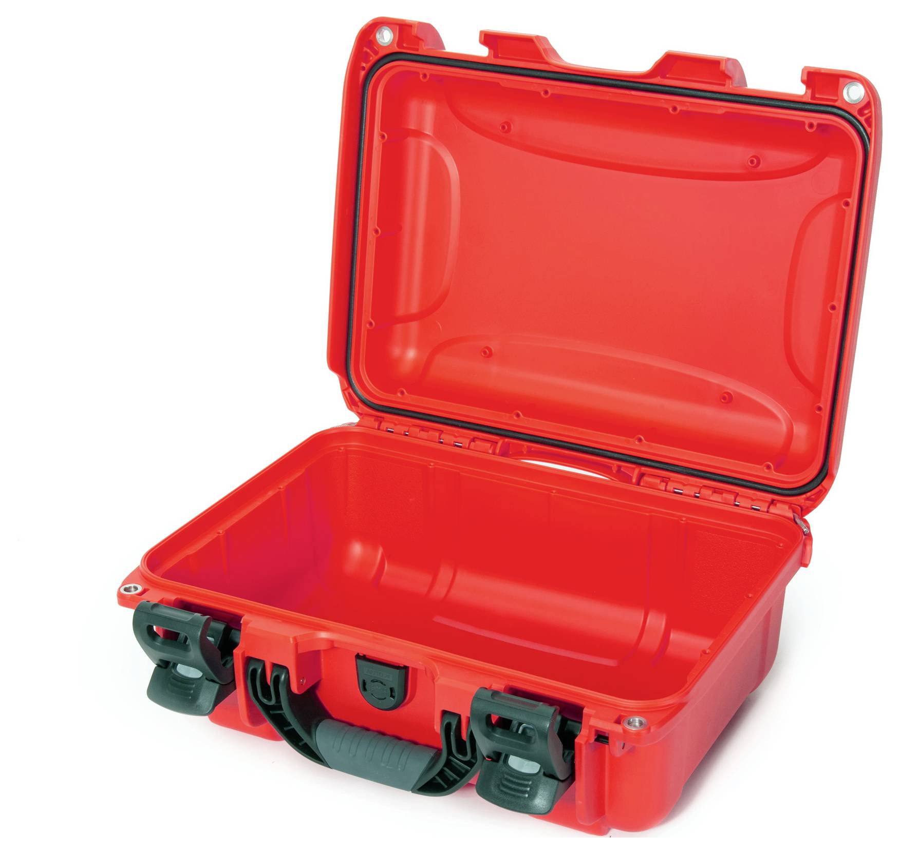 An open red hard-shell suitcase with a robust lock and handle, empty, against a white background.