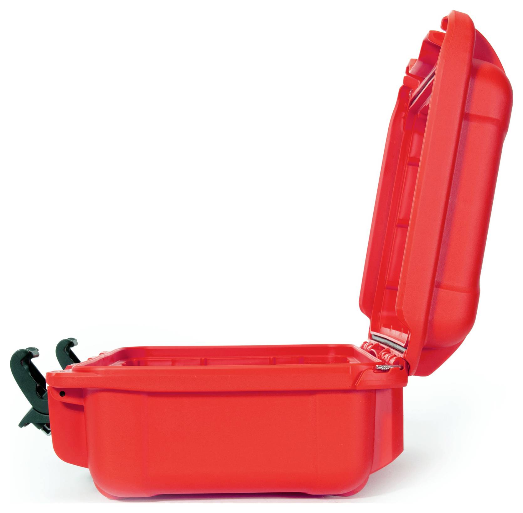 A red plastic suitcase is open, with the lid standing upright. The suitcase is empty, with a black fastener at the front.
