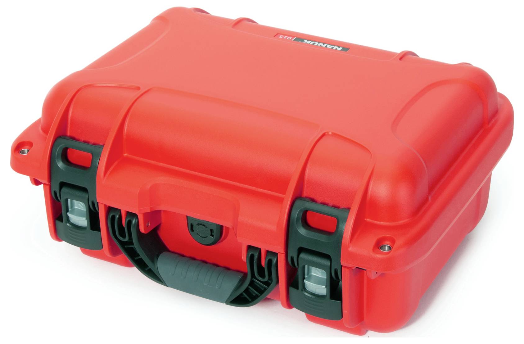 A red, sturdy protective case with a black handle and two latches. Suitable for securely storing delicate items.