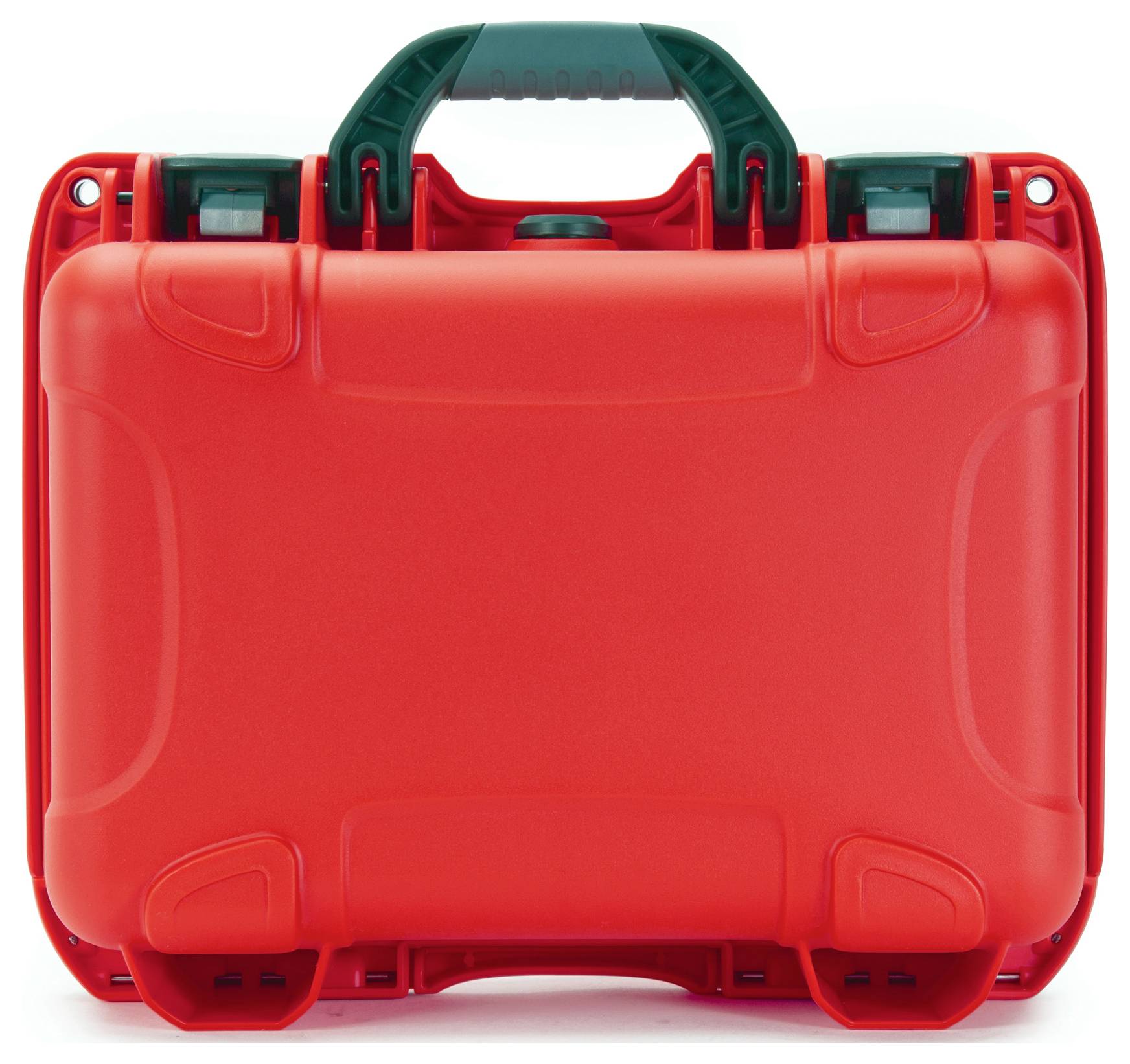 A red suitcase with sturdy corners and a green handle, suitable for the secure transportation of items.