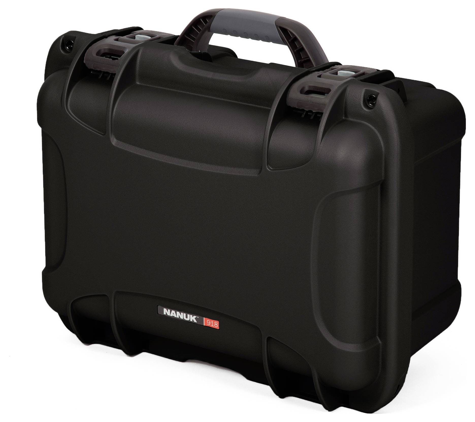 A black, robust suitcase with a grey handle, the brand name 'Nanuk' on the front.