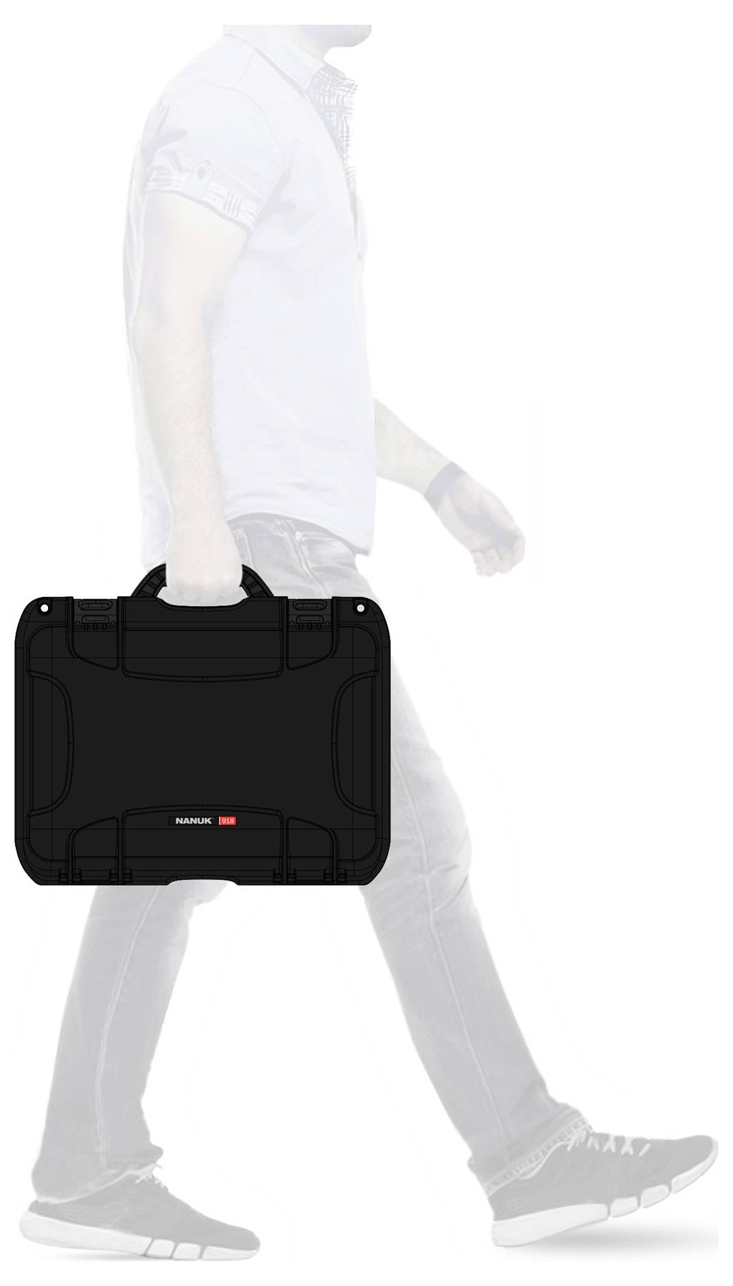 A man is carrying a black hard-shell suitcase in his left hand. The focus is on the suitcase.
