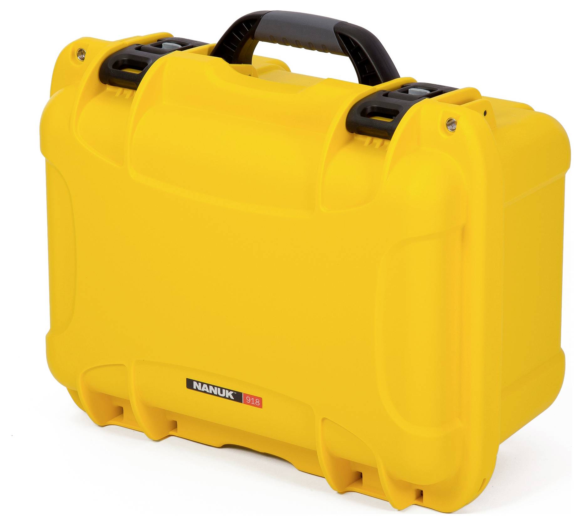 A bright yellow, robust suitcase with handle and locks, suitable for the safe transportation of delicate items.