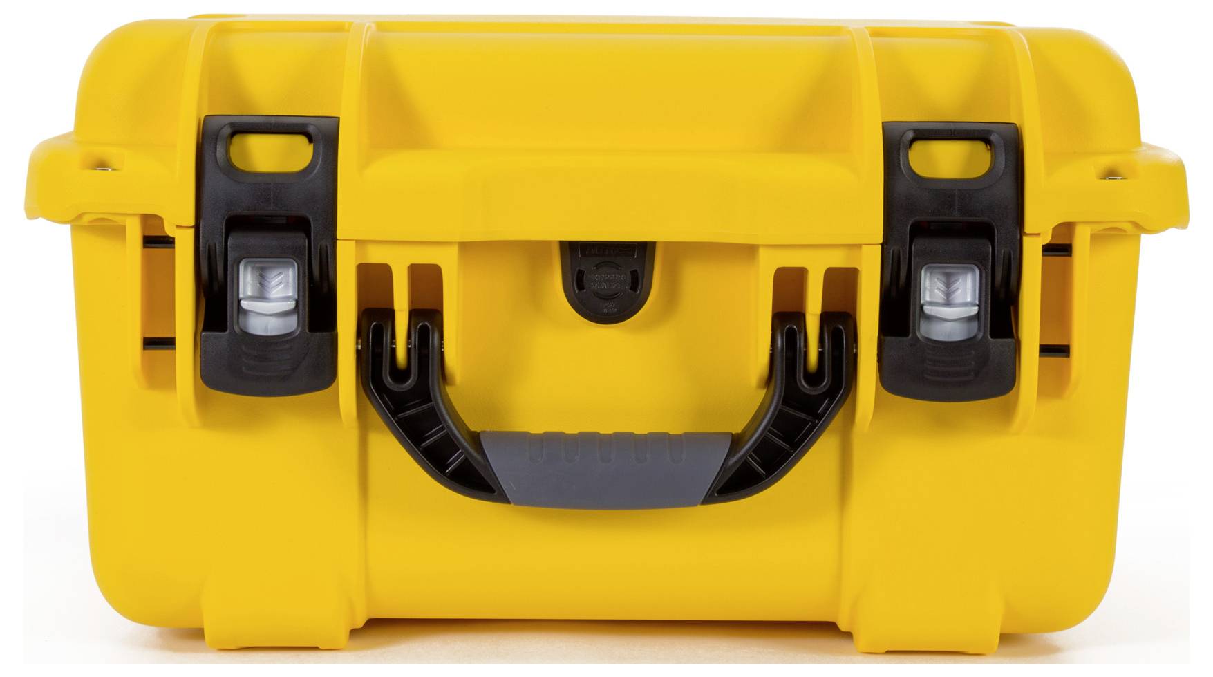 Yellow, robust plastic tool case with a black handle and latches. It is closed and positioned facing forward.