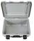 Open, empty grey hard-shell suitcase with reinforced edges and robust locks, ready for storing items.