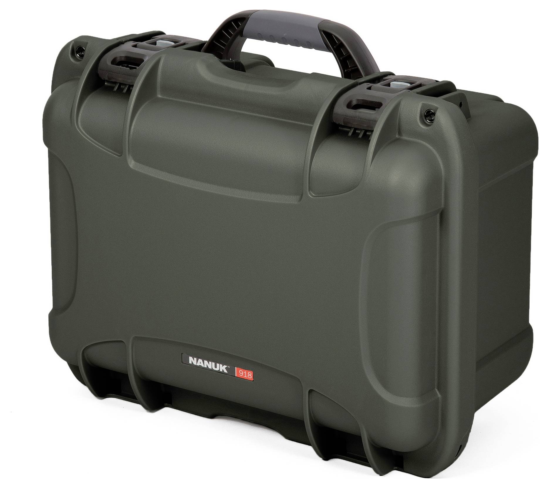 A robust, dark grey plastic case with an ergonomic handle and reinforced corners, suitable for secure transportation.
