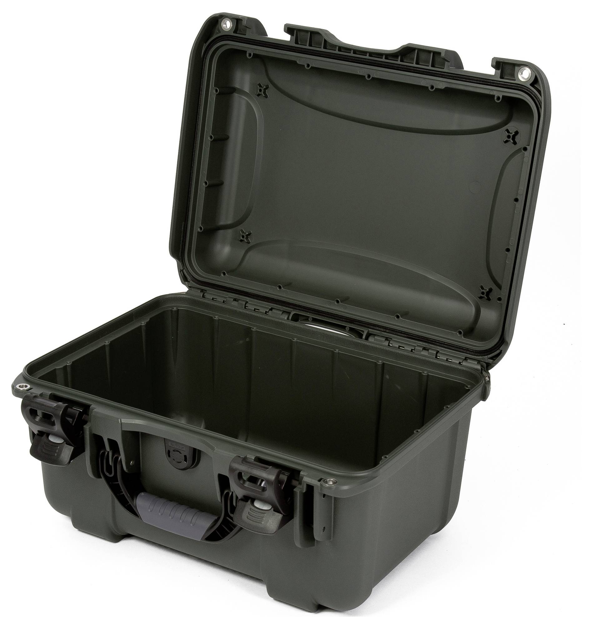 An open, empty protective enclosure in dark grey colour with a robust design and two fasteners on the front.
