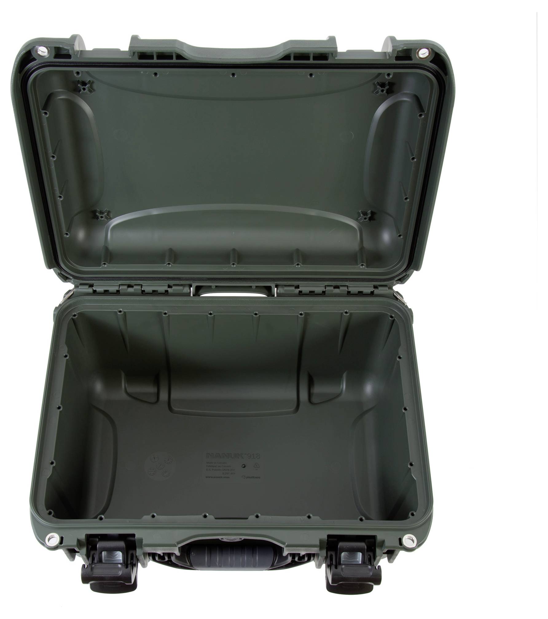 A vacant, opened, dark green hard-shell suitcase with robust design, suitable for the secure transportation of delicate items.