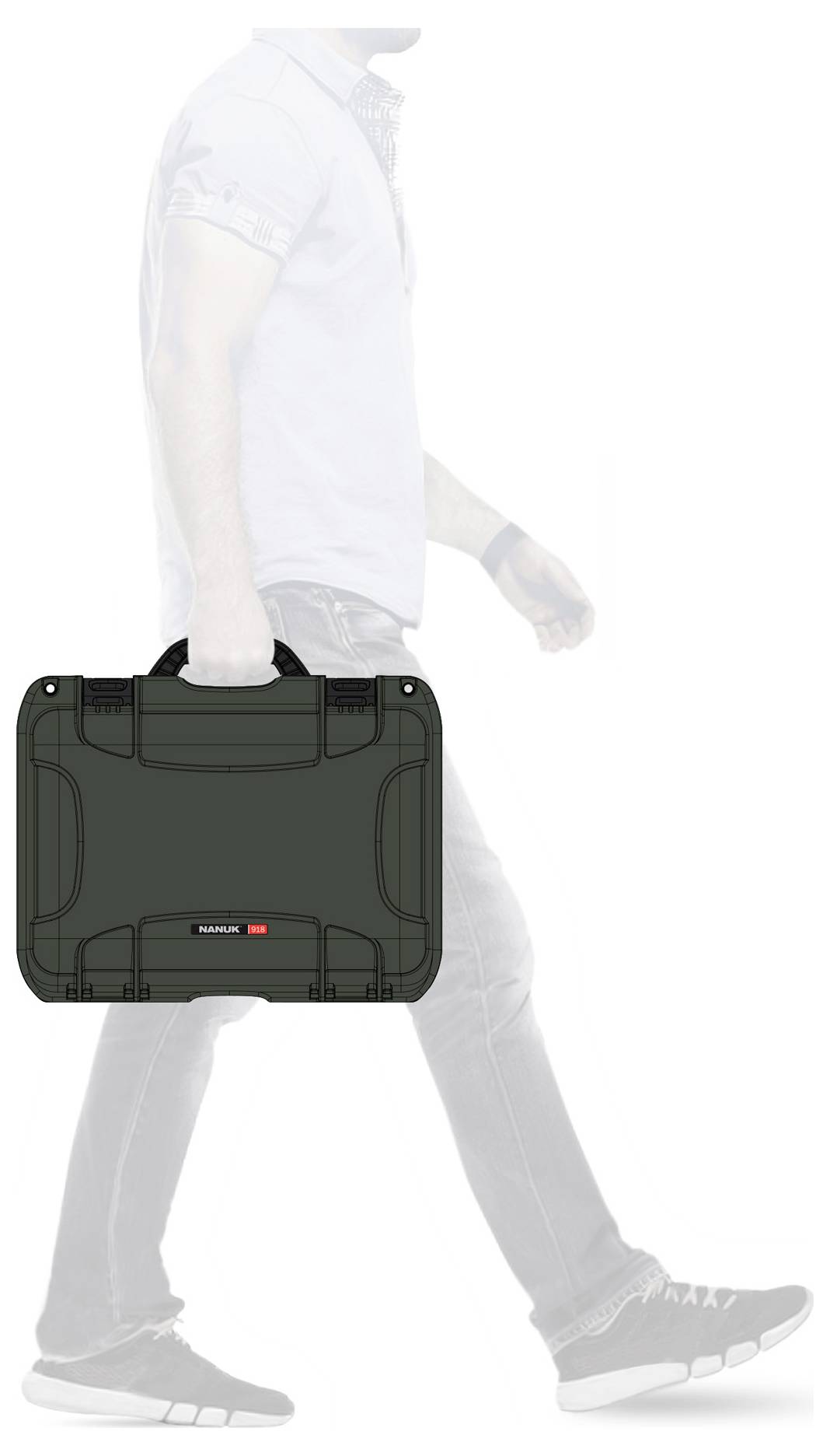 A man is carrying a black, robust suitcase in his right hand while walking. The suitcase has a sturdy handle and rounded corners.