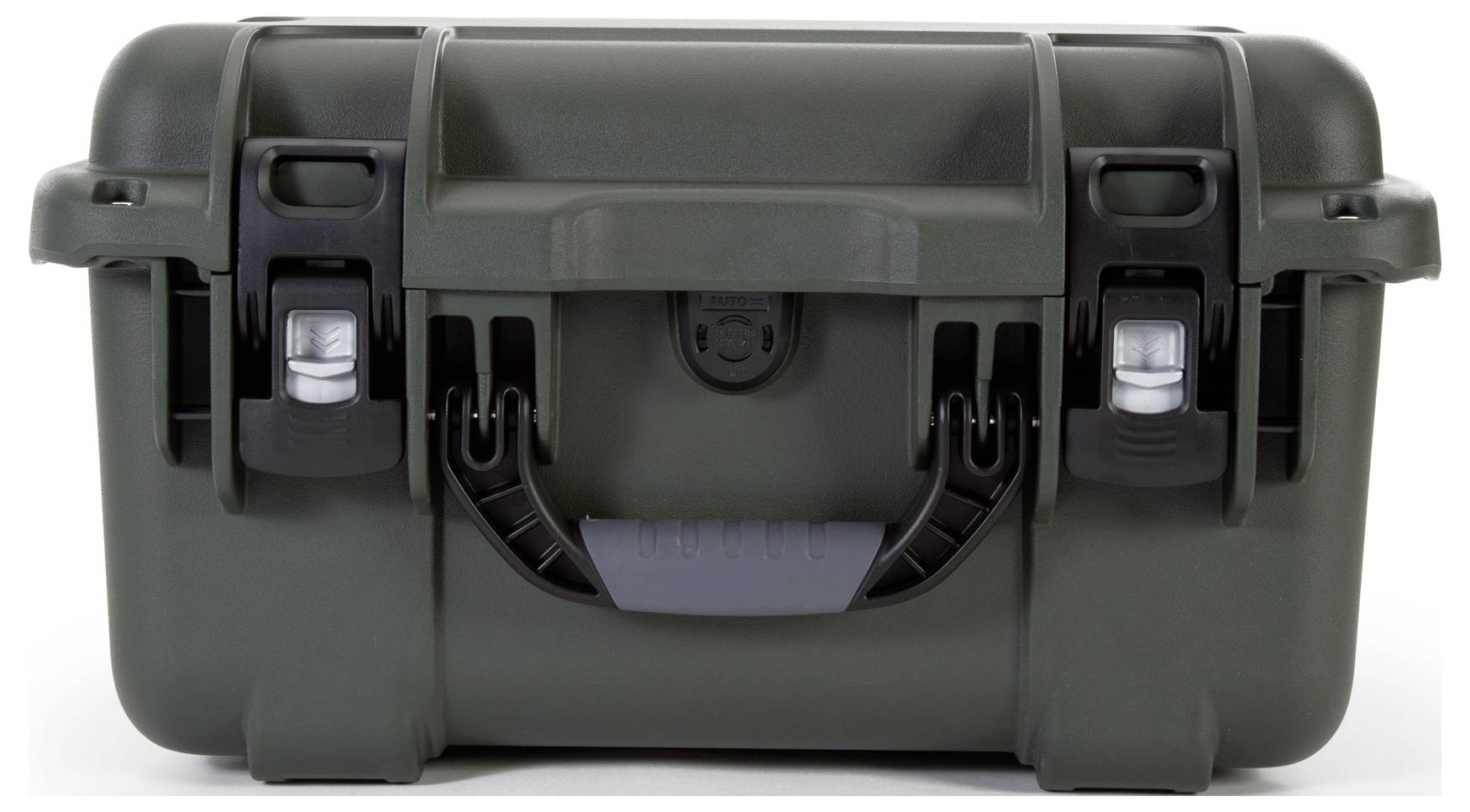 A sturdy, dark protective case with two fastening clips at the front and a carrying handle in the centre.