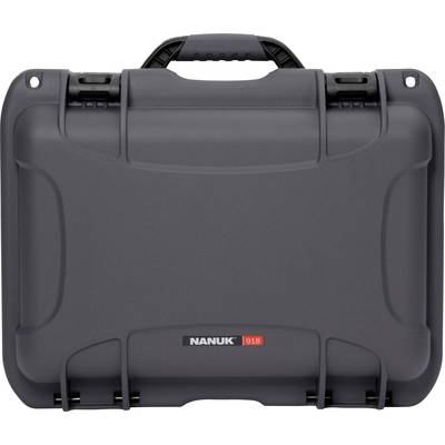 The image shows a robust, black hard-shell case by Nanuk, model 918, with a handle on top.